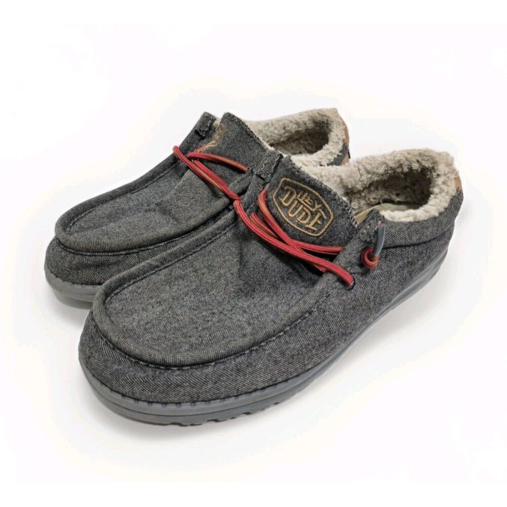 Hey Dude Wally Black Shell Shearling Lined Canvas Slip On Shoes Gray Mens Size 8